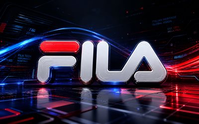 logotipo 3d da fila, 4k, fundo futurista escuro, criativo, raios de néon coloridos, logotipo de metal da fila, logotipo futurista da fila, marcas de moda, logotipo da fila, fila