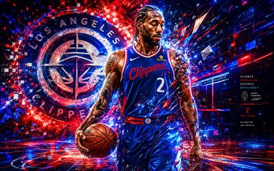 kawhi leonard, 4k, mavi kırmızı arka plan, los angeles clippers, nba, hayran sanatı, los angeles clippers logosu, kawhi leonard'ın 4k'sı, basketbol, yaratıcı, kawhi leonardlos angeles clippers, kawhi leonard'ın sanatı