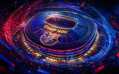 كامب نو, ملعب نادي برشلونة, تأثيرات الإضاءة, خطوط الضوء الأزرق بورجوندي, نو كامب, برشلونة, عرض جوي, نادي برشلونة, سبوتيفي كامب نو, شعار نادي برشلونة