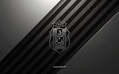 Besiktas JK logo, 4k, steel background, Turkish football club, black white lines, Besiktas JK emblem, Super Lig, Besiktas JK, Turkey, football, Besiktas JK metal logo, Besiktas JK crest, Besiktas