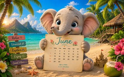 June 2026 Calendar, 4k, cute elephant on the beach, 2026 June Calendar, little elephant, June, 2026 calendars, June Calendar 2026, summer, beach