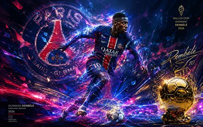 Ousmane Dembele, PSG, fan art, blue red abstract lines background, Paris Saint-Germain, Ousmane Dembele PSG, creative art, Paris Saint-Germain logo, football