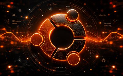 Ubuntu 3D logo, 4k, orange futuristic background, orange neon rays, electronics brands, Ubuntu futuristic logo, Ubuntu neon logo, brands, Ubuntu logo, Ubuntu, Linux Ubuntu
