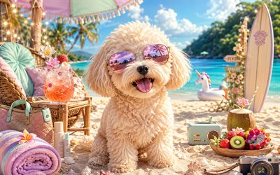 Maltipoo, 4k, summer, tropical beach, beach accessories, sea, sun lounger, sunglasses, Maltipoo on beach, dogs, cocktail, cute animals, beach, pets, dog in sunglasses, Maltipoo Dog
