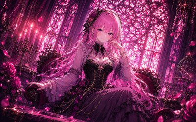 Megurine Luka, 4k, castle, stained glass windows, CV03, candlestick, pink hair, Vocaloid, pink star, Vocaloid 03, abstract art, Character Vocal Series, Luka Megurine, Vocaloid characters, Megurine Luka Vocaloid