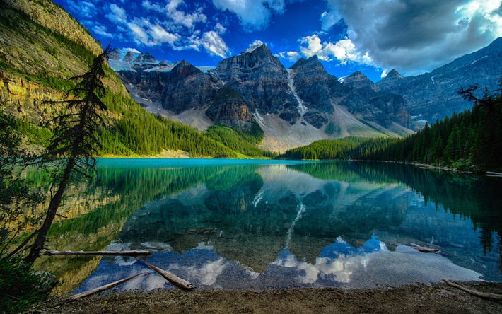bergssjö, berg, skog, klippor, höga berg, blå sjö, kanada