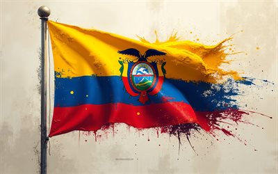 4k, Ecuador flag on the flagpole, Ecuador paint splashes flag, grunge art, Ecuador flag, Ecuador, flag of Ecuador