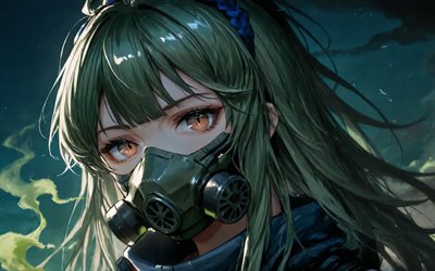 4k, gavín, humo verde, ojos amarillos, arknights, noche, operador médico de rhodes island, manga, gavial el invencible, personajes de arknights, arknights gaviales