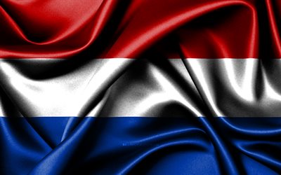 drapeau néerlandais, 4k, les pays européens, les drapeaux en tissu, le jour des pays-bas, le drapeau des pays-bas, les drapeaux de soie ondulés, l europe, les symboles nationaux néerlandais, les pays-bas