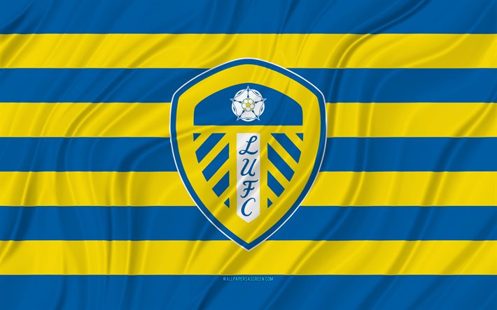 リーズユナイテッドfc, 4k, 青黄色の波状の旗, プレミアリーグ, フットボール, 3dファブリックフラグ, リーズユナイテッドの旗, サッカー, リーズユナイテッドのロゴ, イギリスのサッカークラブ, リーズユナイテッド