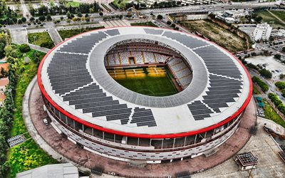 estádio de antalya, 4k, vista de cima, antalya, a turquia, estádio de futebol, antalyaspor, futebol, noite, pôr do sol