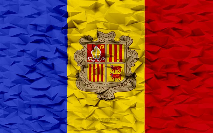 drapeau d andorre, 4k, 3d polygone de fond, polygone 3d texture, drapeau andoran, 3d drapeau d andorre, symboles nationaux andorrans, art 3d, andorre