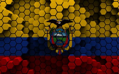 4k, ekvador bayrağı, 3d altıgen arka plan, ekvador 3d bayrak, 3d altıgen doku, ekvador ulusal sembolleri, ekvador, 3d arka plan, 3d ekvador bayrağı