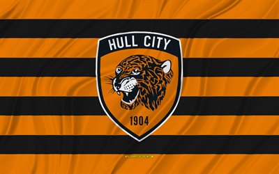 hull city fc, 4k, orange noir drapeau ondulé, championnat, football, drapeaux en tissu 3d, hull city fc drapeau, soccer, hull city fc logo, club de football anglais, fc hull city