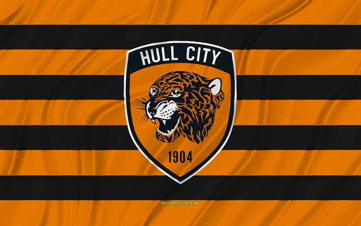hull city fc, 4k, orange-schwarze gewellte flagge, meisterschaft, fußball, 3d-stoffflaggen, hull city fc-flagge, hull city fc-logo, englischer fußballverein, fc hull city
