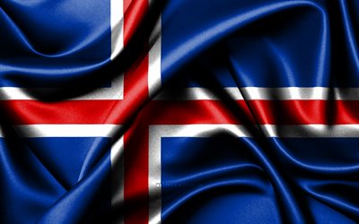 izlanda bayrağı, 4k, avrupa ülkeleri, kumaş bayraklar, izlanda günü, dalgalı ipek bayraklar, avrupa, izlanda ulusal sembolleri, izlanda