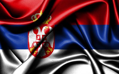 drapeau serbe, 4k, les pays européens, les drapeaux en tissu, le jour de la serbie, le drapeau de la serbie, les drapeaux de soie ondulés, l europe, les symboles nationaux serbes, la serbie