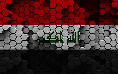 4k, irakin lippu, 3d kuusikulmio tausta, irakin 3d lippu, 3d kuusikulmio tekstuuri, irakin kansalliset symbolit, irak, 3d tausta, 3d irakin lippu