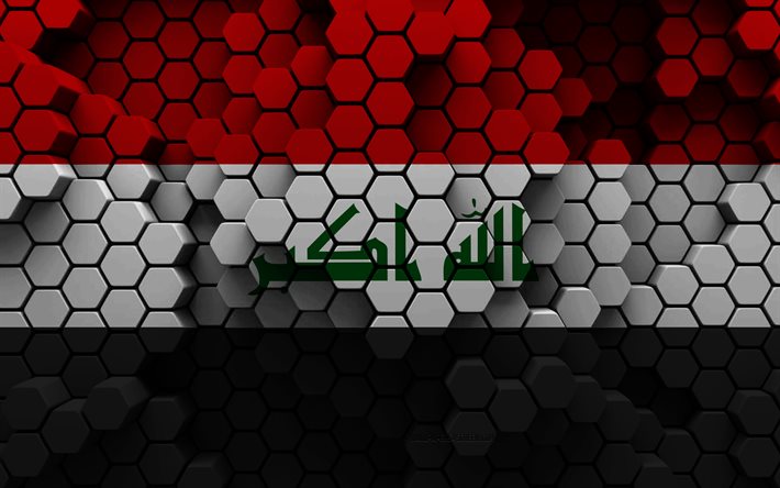 4k, 이라크의 국기, 3d 육각형 배경, 이라크 3d 플래그, 3d 육각 텍스처, 이라크 국가 상징, 이라크, 3d 배경, 3차원, 깃발