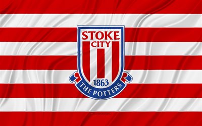 stoke city fc, 4k, bandiera ondulata bianca rossa, campionato, calcio, bandiere in tessuto 3d, bandiera stoke city fc, logo stoke city fc, squadra di calcio inglese, fc stoke city