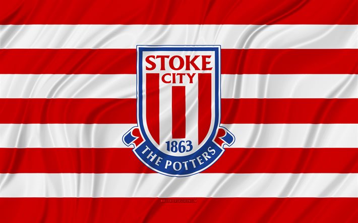 stoke city fc, 4k, bandera ondulada roja blanca, campeonato, fútbol, banderas de tela 3d, bandera de stoke city fc, logotipo de stoke city fc, club de fútbol inglés, fc stoke city