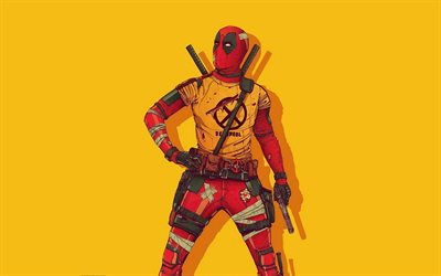 Deadpool, 4k, yellow backgrounds, Marvel Comics, Wade Winston Wilson, minimal, antiheroes, Deadpool minimalism, Deadpool 4K