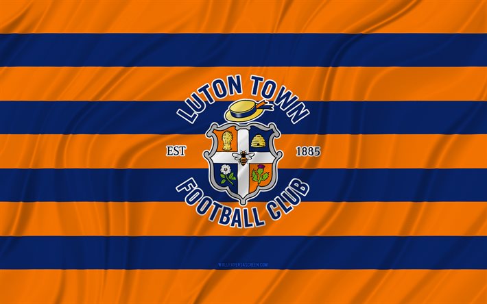 luton town fc, 4k, bandiera ondulata blu arancione, campionato, calcio, bandiere di tessuto 3d, bandiera del luton town fc, logo del luton town fc, squadra di calcio inglese, fc luton town