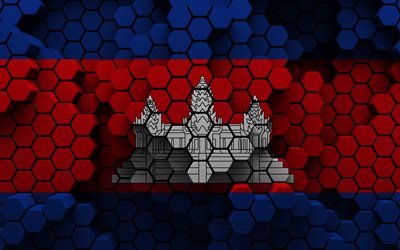 4k, bandera de camboya, fondo hexagonal 3d, bandera 3d de camboya, textura hexagonal 3d, símbolos nacionales de camboya, camboya, fondo 3d, bandera de camboya 3d