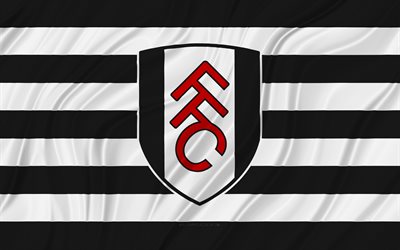 फ़ुलहम एफसी, 4k, सफेद काला लहराती झंडा, चैंपियनशिप, फ़ुटबॉल, 3डी कपड़े के झंडे, फ़ुलहम झंडा, फ़ुलहम लोगो, अंग्रेजी फुटबॉल क्लब, एफसी फुलहम