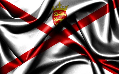 Jersey flag, 4K, European countries, fabric flags, Day of Jersey, flag of Jersey, wavy silk flags, Europe, Jersey national symbols, Jersey