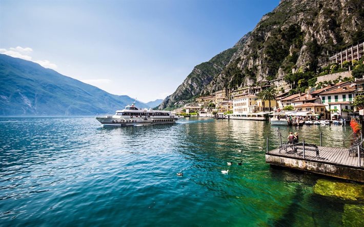gardasjön, yacht, bergssjö, alperna, största sjön i italien, sommar, bergslandskap, italien, dolomiterna