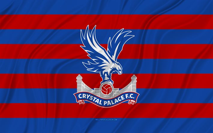 crystal palace fc, 4k, rot-blaue gewellte flagge, premier league, fußball, 3d-stoffflaggen, crystal palace-flagge, crystal palace-logo, englischer fußballverein, crystal palace