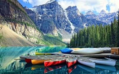 Moraine Lake, pier, summer, mountains, blue lakes, Banff National Park, travel concepts, Canada, Alberta, Banff, canadian landmarks