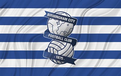 birmingham city fc, 4k, bandiera ondulata bianca blu, campionato, calcio, bandiere in tessuto 3d, bandiera birmingham city fc, logo birmingham city fc, squadra di calcio inglese, fc birmingham city