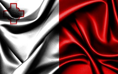 maltesisk flagga, 4k, europeiska länder, tygflaggor, maltas dag, maltas flagga, vågiga sidenflaggor, europa, maltesiska nationella symboler, malta