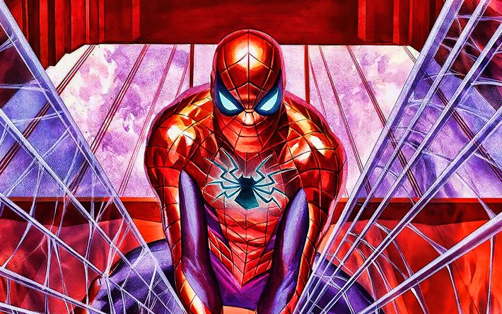 4k, spider-man, toile d araignée, bandes dessinées marvel, super-héros, cartoon spider-man, spiderman, œuvres d art, spider-man 4k