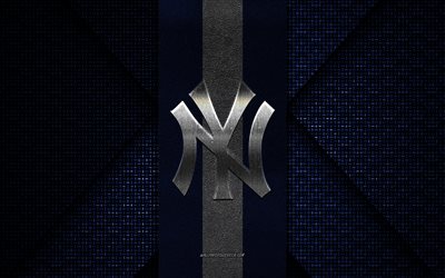 yankees de new york, mlb, texture tricotée blanche bleue, logo des yankees de new york, club de baseball américain, emblème des yankees de new york, baseball, new york, états-unis