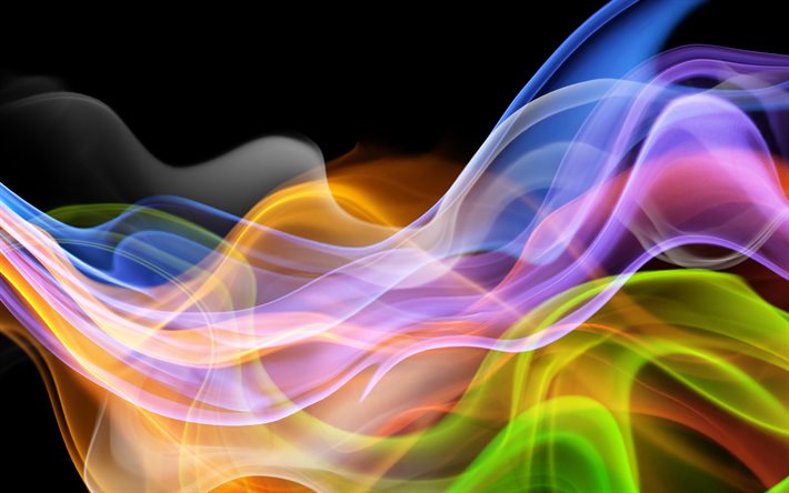 موجات النيون الملونة, 4k, خلفيات سوداء, خلاق, موجات مجردة, الخلفية مع موجات, موجات ثلاثية الأبعاد