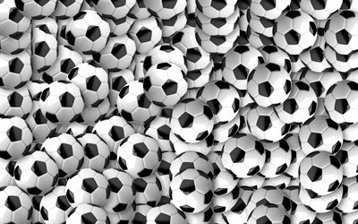 palloni modelli 3d, 4k, trame 3d, trame di calcio, modelli di palloni da calcio, sfondo con palloni da calcio, modelli di calcio