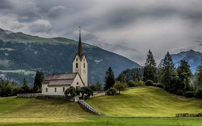 Versam, Alps, mountain village, mountain landscape, chapel, evening, sunset, mountains, Switzerland
