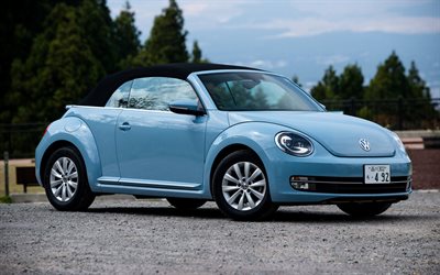 Volkswagen Beetle Cabriolet, 4k, offroad, 2015 cars, JP-spec, blue cabriolet, 2015 Volkswagen Beetle, VW Beetle, german cars, Volkswagen