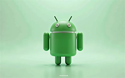 logo android 3d, 4k, sfondo verde, robot android 3d verde, emblema android, robot android, arte creativa, android