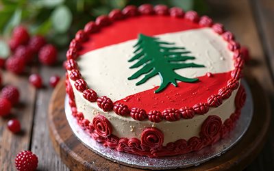bandera del líbano pintada en pastel, 4k, bandera del líbano, hornada, líbano, pastel con bayas, pastel con la bandera del líbano, día del líbano