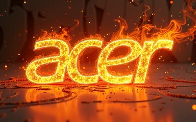 4k, Acer fire logo, fire flames, bokeh, fire art, orange fire backgrounds, Acer 3D logo, Acer glitter logo, creative, Acer fiery logo, Acer logo, electronics brands, Acer