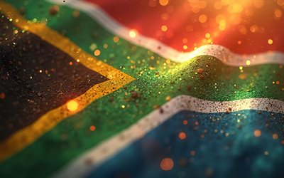4k, bandera de sudáfrica, bokeh, arte digital, resplandor amarillo, día de sudáfrica, arte abstracto, de cerca, bandera sudafricana, símbolos nacionales sudafricanos, arte creativo, sudáfrica