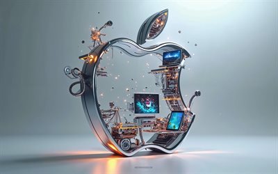 logo apple 3d, 4k, fond gris, emblème de pomme, technologies modernes, logo apple, signe de pomme, appareils apple modernes, pomme