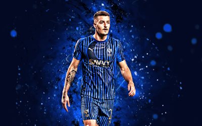 Sergej Milinkovic-Savic, 4k, blue neon lights, Al Hilal, Saudi Professional League, Serbian footballers, Sergej Milinkovic-Savic 4K, football, soccer, Al-Hilal SFC, Al Hilal Saudi Club, Al Hilal SFC, Sergej Milinkovic-Savic Al Hilal