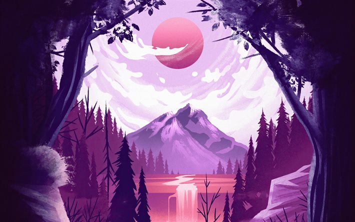 4k, abstract nightscapes, forest, moon, mountains, lake, creative, abstract landscapes, abstract nature, drawing landscapes