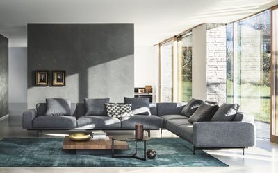living room, stylish interior design, loft style, gray sofa, gray concrete wall in the living room, living room loft style, modern interior design