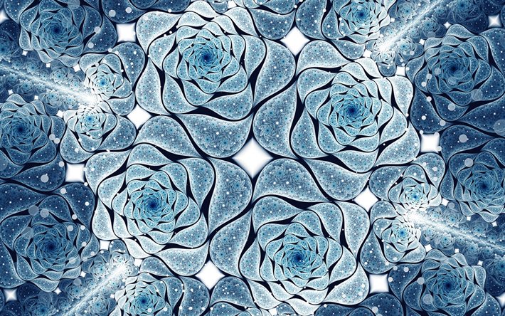 rosas abstractas azules, arte 3d, creativo, fondos azules, arte fractal, fondos abstractos, arte abstracto, patrón de fractales florales, fractales